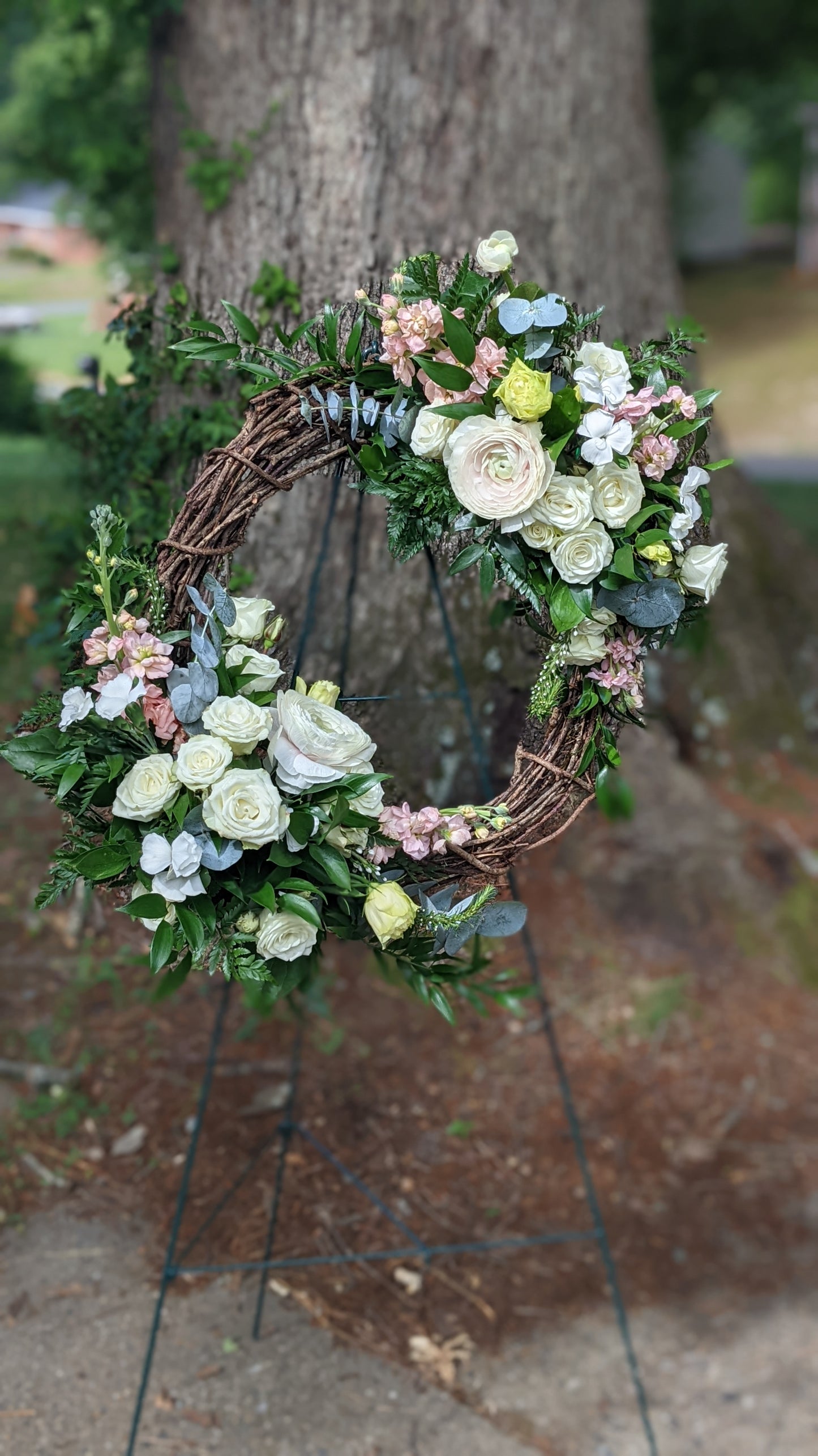 Grapevine Wreath
This grapevine wreath is made foam free with compostable Agrawool. Order for a beautiful door decoration or to pay tribute to a loved one. Available as half wreath coverage, or whole wreath coverage.Please include flower and color preferences. Some flowers may not be available for same day orders.
Funeral
FloralsbyHeidiCatherine